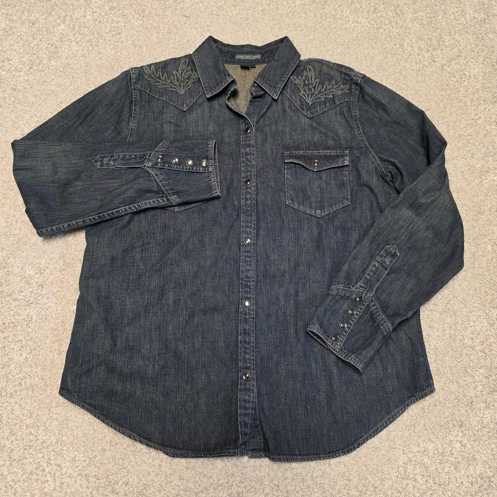 Lauren Ralph Lauren Womens L Denim Western Shirt Embroidered Pearl Snap Cowboy